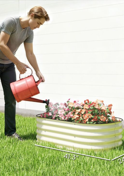 3.4' x 2' x 1' Galvanized Raised Garden Bed Kit, Metal Planter Box with Safety Edging, Cream