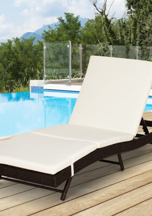 Patio Chaise Lounge, Pool Chair with 5 Position Adjustable Backrest & Cushion, Outdoor PE Rattan Wicker Sun Tanning Seat, 78.75" x 28" x 35", Coffee