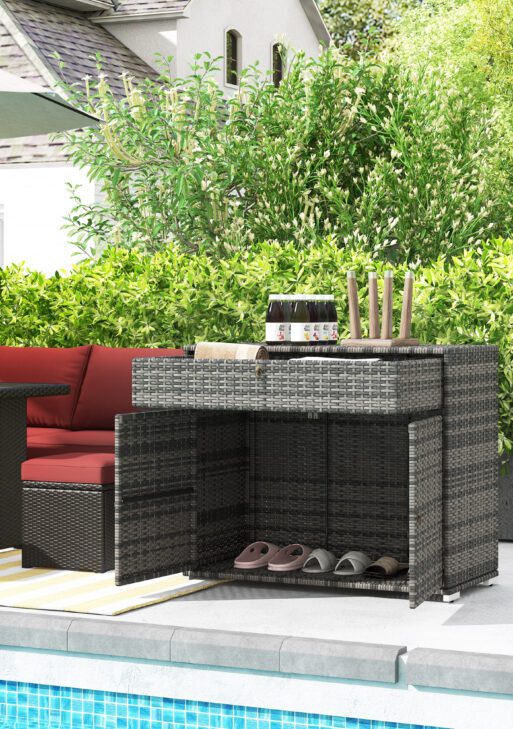 Outdoor Storage Cabinet, Waterproof PE Rattan Cabinet with Drawer for Indoor, Outdoor Swimming Pool, Gray