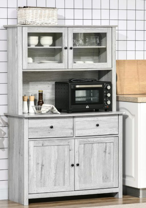 63.5" Kitchen Buffet with Hutch, Pantry Storage Cabinet with 4 Shelves, Drawers, Framed Glass Doors, Open Microwave Countertop, Ash Grey