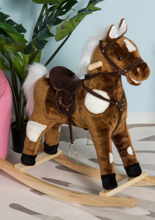 Kids Metal Plush Ride-On Rocking Horse Chair Toy With Nursery Rhyme Music - Dark Brown