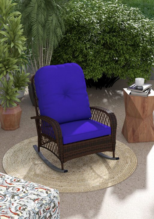 Rattan Porch Rocker w/ Plush Cushion, Dark Blue