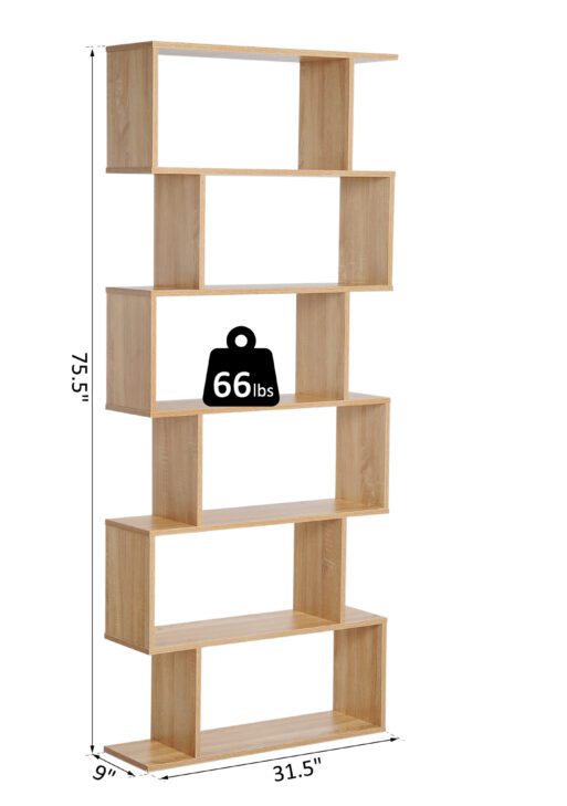 75.5" H Bookcase 6 Shelf S-Shaped Bookshelf Wooden Storage Display Stand Shelf Organizer Free Standing, Oak