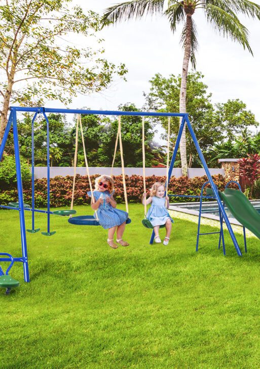 Swing Set for Backyard, 5 in 1 Heavy-Duty A-Frame Stand Outdoor Playset for Kids with 29.5" Saucer Swing, Slide, Seesaw, Glider, Swing Seat, Blue
