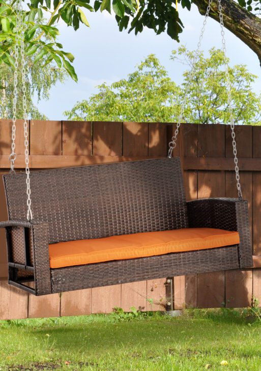 2 Person Wicker Hanging Swing Bench, Front Porch Swing Outdoor Chair with Cushions 550 lbs. Weight Capacity for Backyard, Garden, Orange