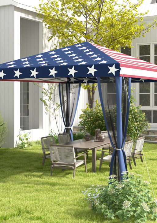 10' x 10' Outdoor Pop-Up Canopy with Sidewalls, Mesh Walls, Instant Setup for Party, Events, Patio, Lawn, American Flag