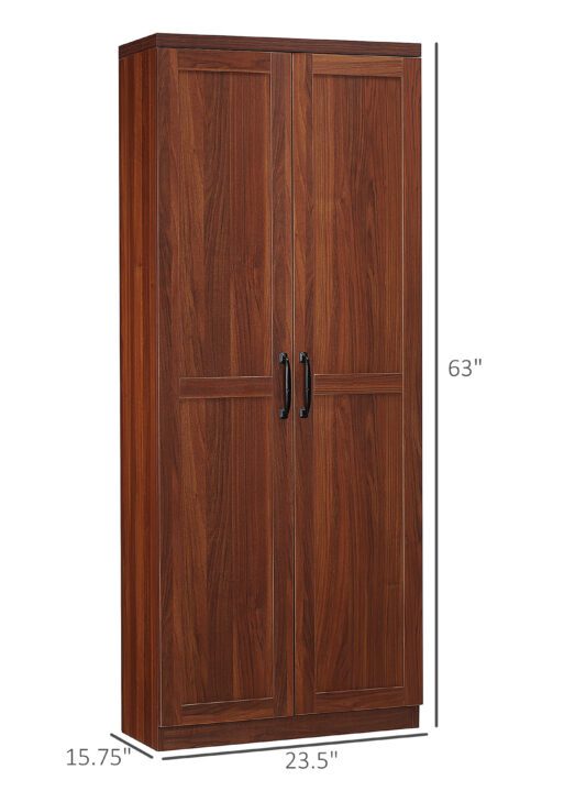 63" 2-Door Kitchen Pantry, Freestanding Storage Cabinet with 5-tier Shelving and 2 Adjustable Shelves for Dining Room, Brown