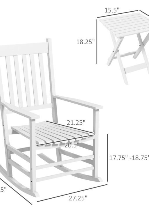 Outdoor Rocking Chair Set of 2 with Side Table, Patio Wooden Rocking Chair with Smooth Armrests, High Back for Garden, Balcony, Porch, Supports Up to 352 lbs. , White