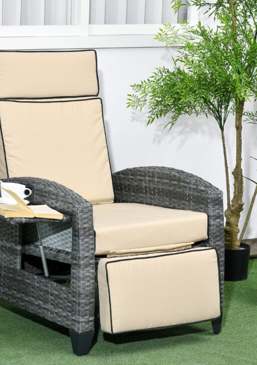 Outdoor Recliner Chair with Cushions, Reclining Patio Lounge Chair with Adjustable Footrest, Armrests, Tray Table, Khaki