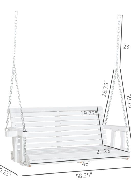 Porch Swing with Chains and Cupholders, 2 Person Wooden Patio Swing Chair, 440 lbs. Weight Capacity, for Garden, Poolside, Backyard, White