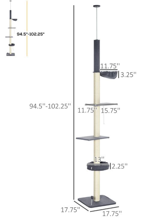 Floor To Ceiling Cat Tree, 5-Tier Cat Climbing Tower, 95''-106'' Height Adjustable with Carpeted Platforms, Cozy Bed, Hammock, Scratching Post & Toy Ball for Indoor Cats, Dark Gray and Cream