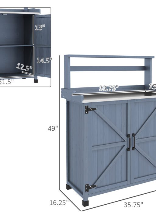 Outdoor Wooden Potting Bench with Storage Cabinet, Shelves, Galvanized Plated Tabletop for Backyard, Balcony, Gray