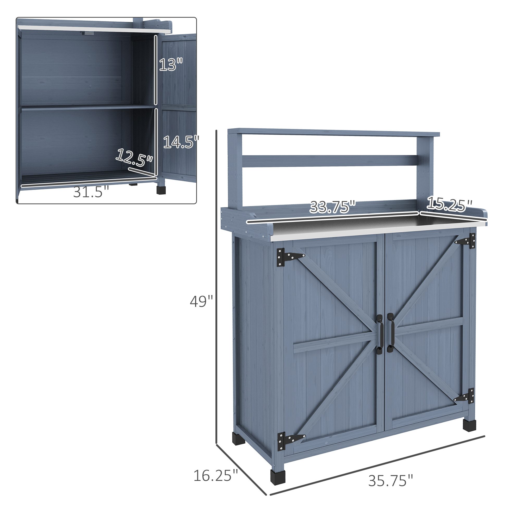 Outdoor Wooden Potting Bench with Storage Cabinet, Shelves, Galvanized Plated Tabletop for Backyard, Balcony, Gray - Image 1