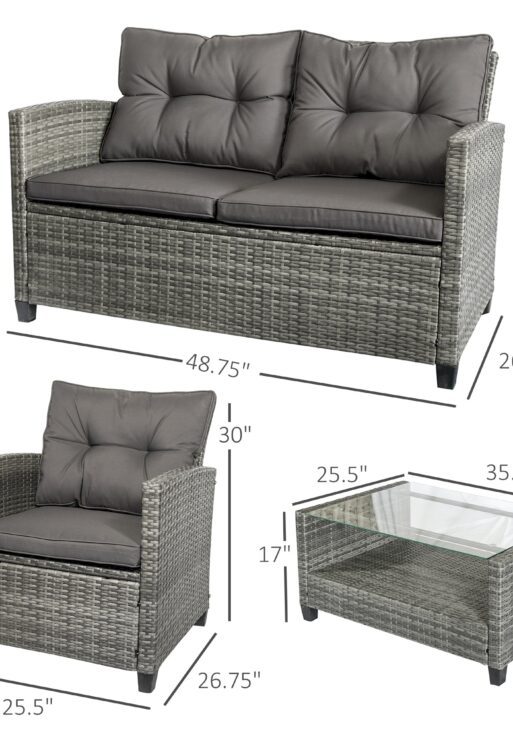 4 Pieces Patio Furniture Sets with Cushions, PE Rattan Wicker Conversation Chairs with Two-Tier Coffee Table for Backyard Porch Garden Poolside and Deck, Charcoal Gray