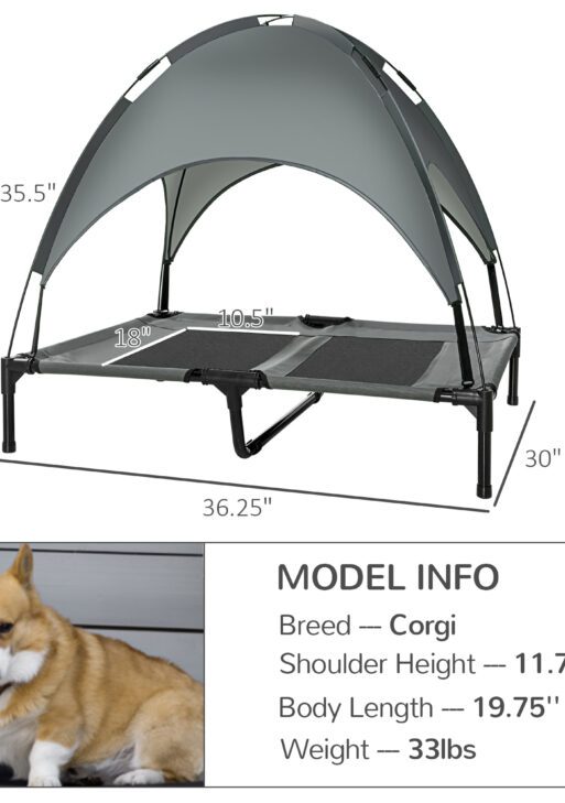 Elevated Dog Bed with Removable Canopy, Outdoor Dog Cot with UV Protection Canopy Shade, 36 inch Large Pet Bed for Camping, Gray