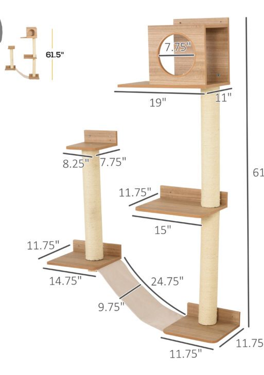 Cat Shelf for Wall, Multi Level Cat Tree Tower with Cat Condo, Sisal Scratching Posts, Cat Perches, Ladder, Cat Wall Furniture for Indoor Use