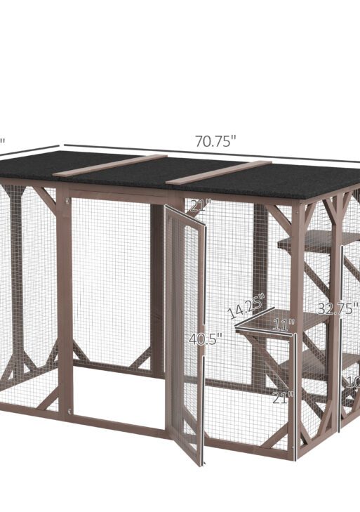 Outdoor Cat House, Catio Wooden Feral Cat Shelter, Cat Cage with Platforms, Large Enter Door, Weather Protection Asphalt Roof, 71" L, Brown
