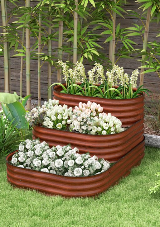 3-Tier Raised Garden Bed Set w/ Safety Edging, Open Bottom for Vegetables, Herbs, Flowers, 62.25" x 43" x 32.25", Brown