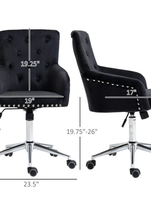 Modern Mid-back Desk Chair with Button Tufted Velvet Back, Nailhead Trim, Swivel Home Office Chair with Adjustable Height, Curved Padded Armrests, Black