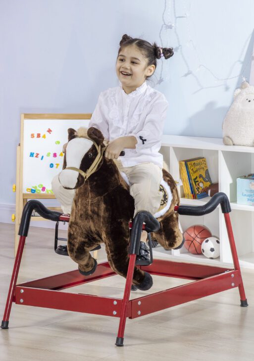 Kids Spring Rocking Horse, Ride on Horse for Girls and Boys with Animal Sounds, Plush Animal Ride-on Toy with Soft Feel, Interactive Toy for Kids, Dark Brown