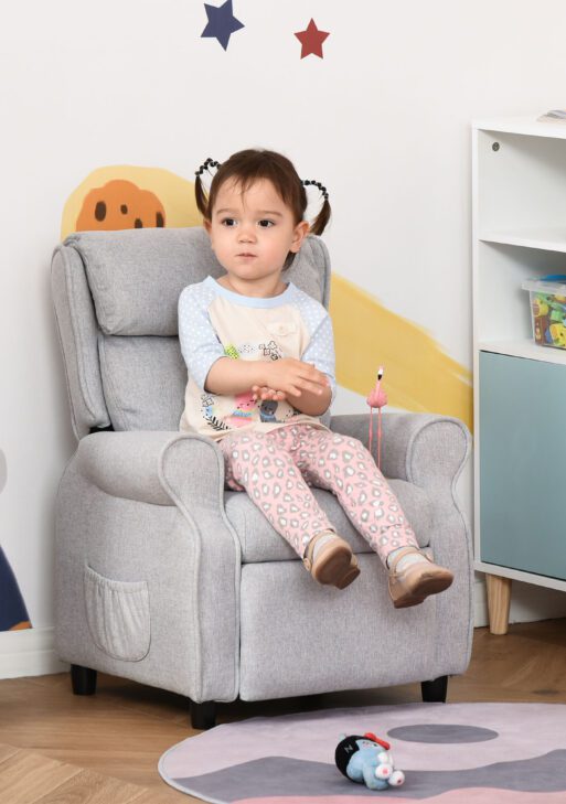 Kids Recliner Chair Children Sofa Angle Adjustable Single Lounger Armchair Gaming Chair with Footrest 2 Side Pockets for 3-5 Years, Light Grey