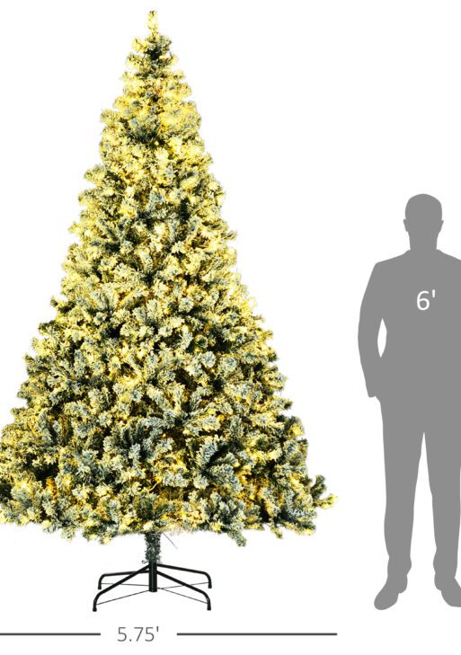 9' Artificial Snow Christmas Trees with Frosted Branches, Warm White or Colorful LED Lights, Steel Base