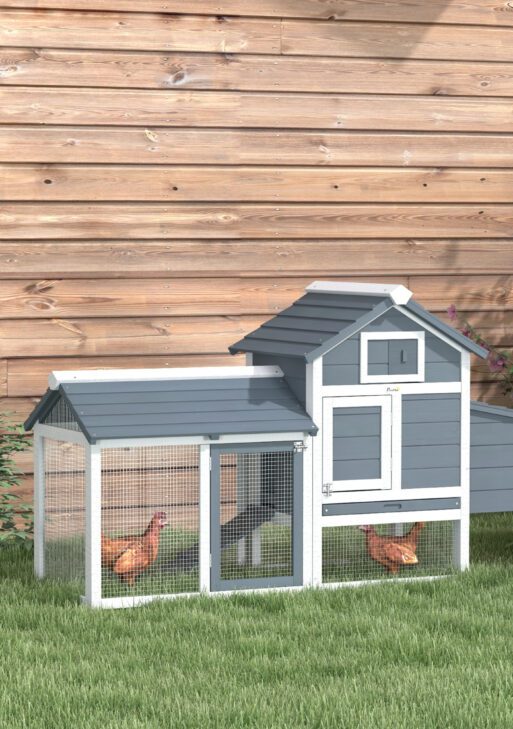 59" Small Wooden Chicken Coop Hen House Poultry Cage for Outdoor Backyard with 2 Doors, Nesting Box and Removable Tray, White