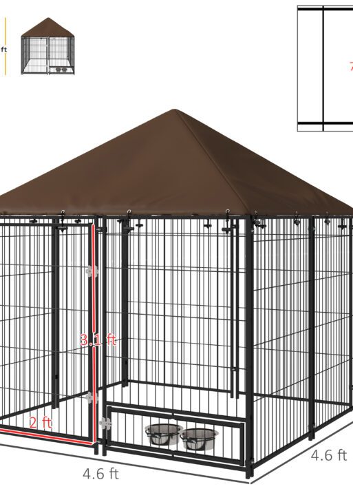 Outside Dog Kennel, 4.6' x 4.6' x 5' Puppy Play Pen with Canopy, Garden Playpen Fence Crate Enclosure Cage Rotating Bowl, for Dogs, Chickens, Ducks, Black