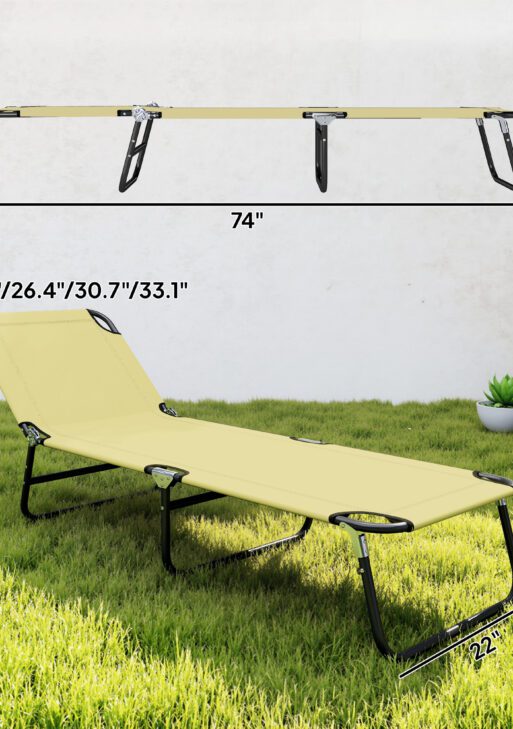Folding Chaise Lounge Pool Chairs, Outdoor Sun Tanning Chairs with 5-Level Reclining Back, Steel Frame for Beach, Yard, Patio, Beige