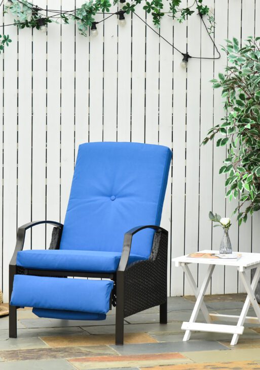 Outdoor Recliner Chair, Reclining Patio Lounge Chair with Comfy Cushions, Footrest, Armrests, PE Wicker for Balcony, Porch, Blue