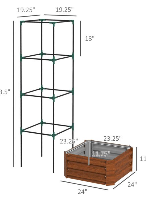 Galvanized Planter Box, 24" x 24" x 73.5" Raised Garden Bed with Tomato Cage for Climbing Vines, Brown
