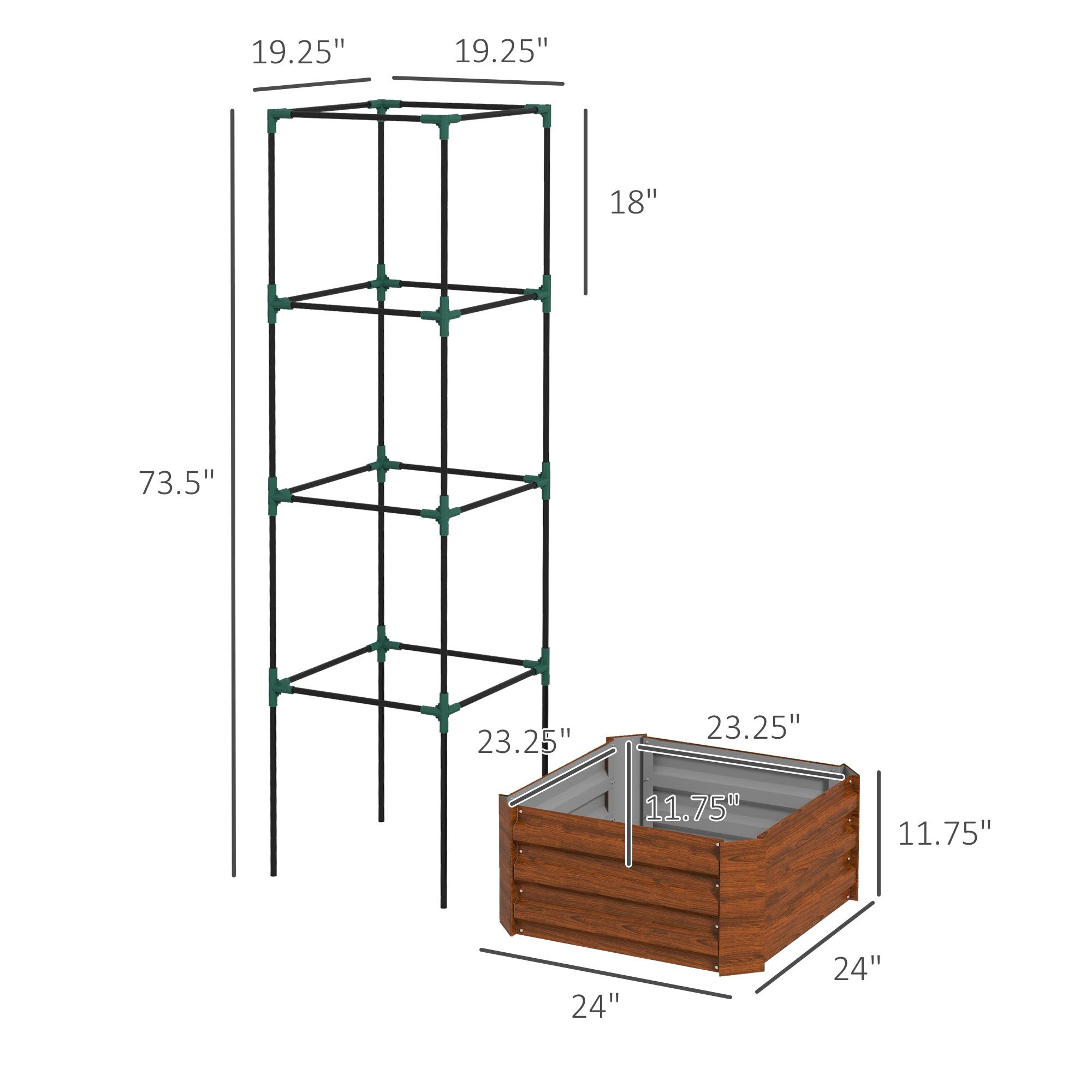 Galvanized Planter Box, 24" x 24" x 73.5" Raised Garden Bed with Tomato Cage for Climbing Vines, Brown - Image 1