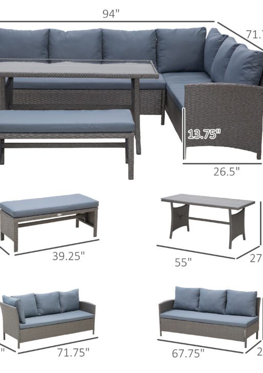 4 Pieces Patio Wicker Dining Sets, Outdoor PE Rattan Sectional Conversation Set with Cushions & Dining Table, Bench for Garden, Backyard, Lawn, Gray
