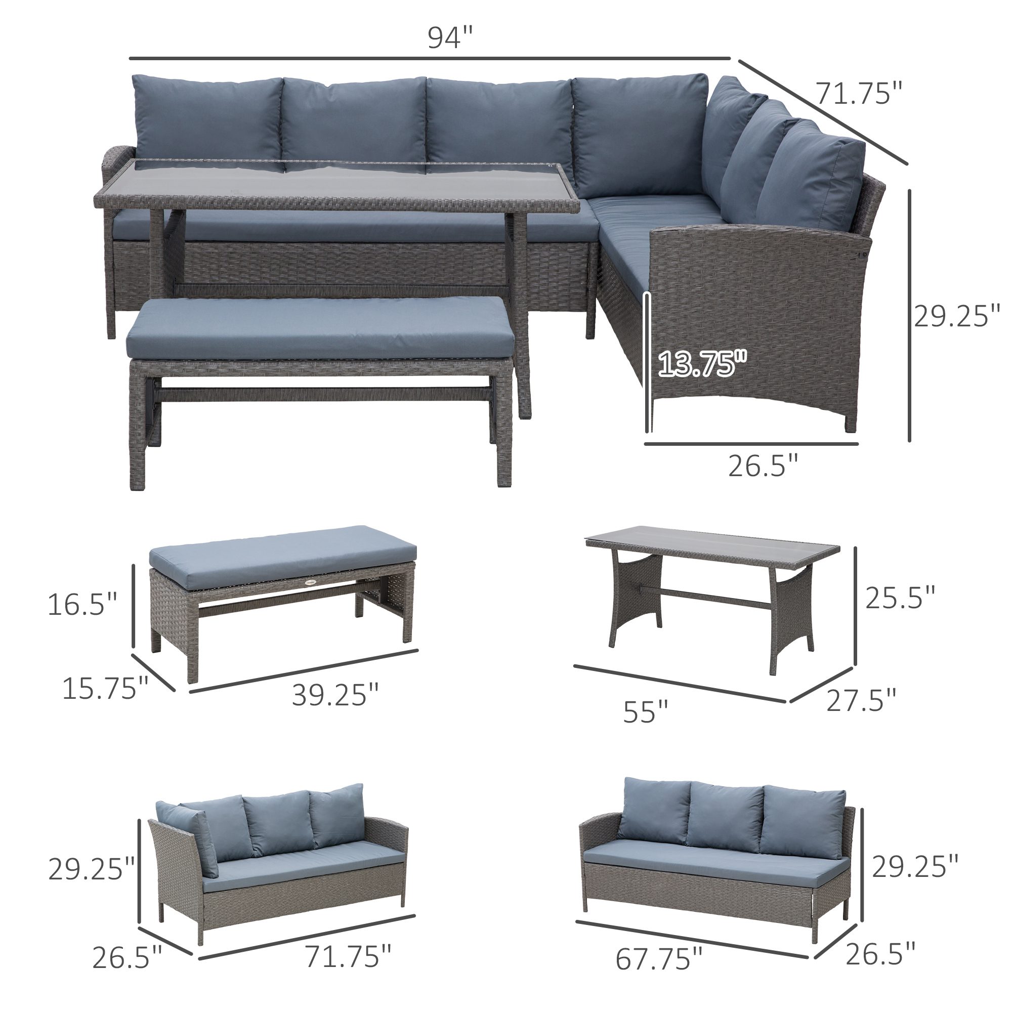 4 Pieces Patio Wicker Dining Sets, Outdoor PE Rattan Sectional Conversation Set with Cushions & Dining Table, Bench for Garden, Backyard, Lawn, Gray - Image 1