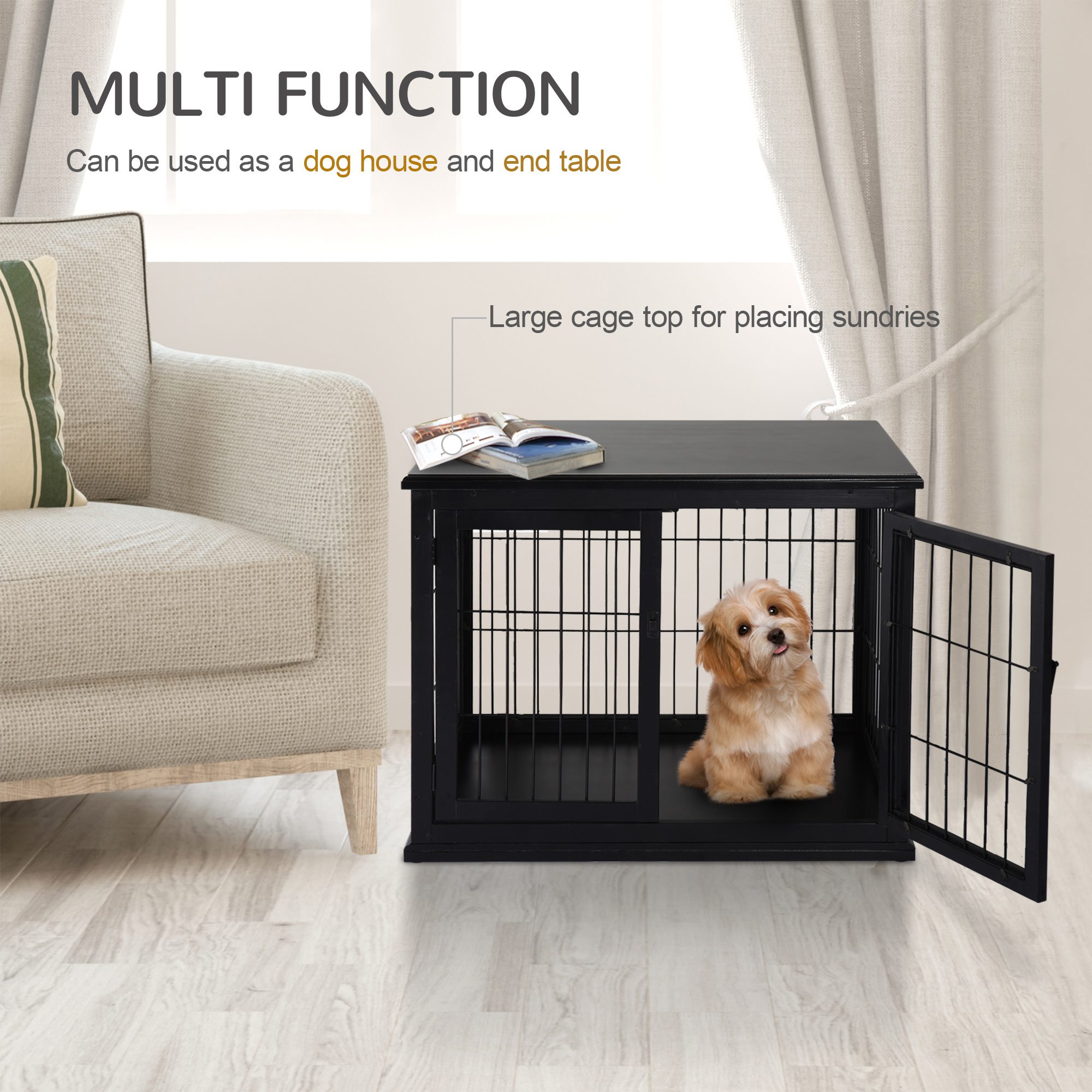 Dog Crate Furniture, 32" Small Dog Cage End Table with 2 Doors, Lockable Door, Puppy Kennel Indoor, Black - Image 3