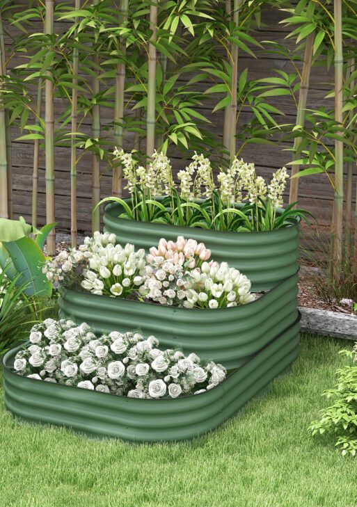 3-Tier Raised Garden Bed Set w/ Safety Edging, Open Bottom for Vegetables, Herbs, Flowers, 62.25" x 43" x 32.25", Green