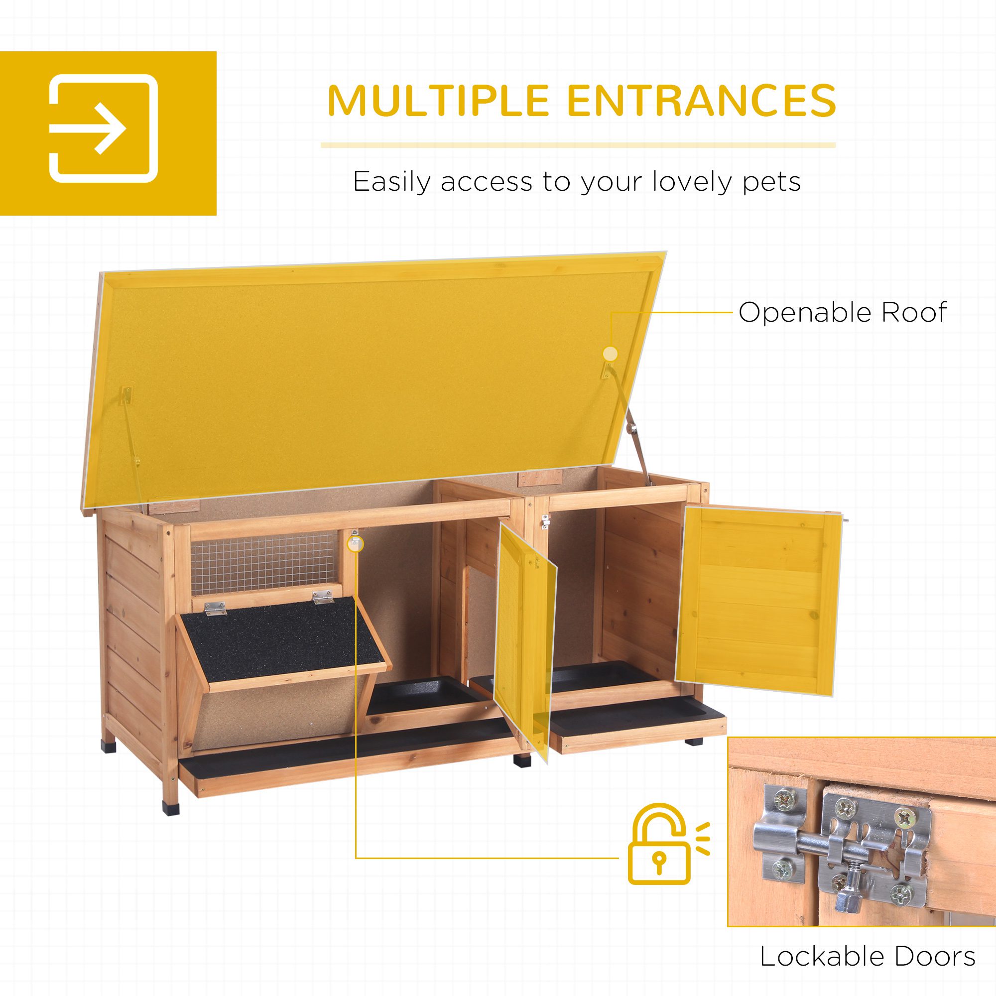 Large Bunny Hutch, Rabbit Cage with 2 Outside Areas and 1 Main House for Small Animals, Yellow - Image 3