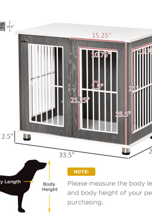 34'' 2-in-1 Wooden Dog Kennel, Modern Wire Animal Crate, Pet Cage with Lockable Door and Adjustable Foot Pads, for Small and Medium Dogs, Grey and White