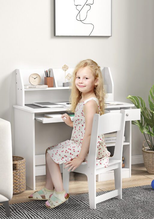 Kids Desk and Chair Set 5-8 Year Old with Storage, White