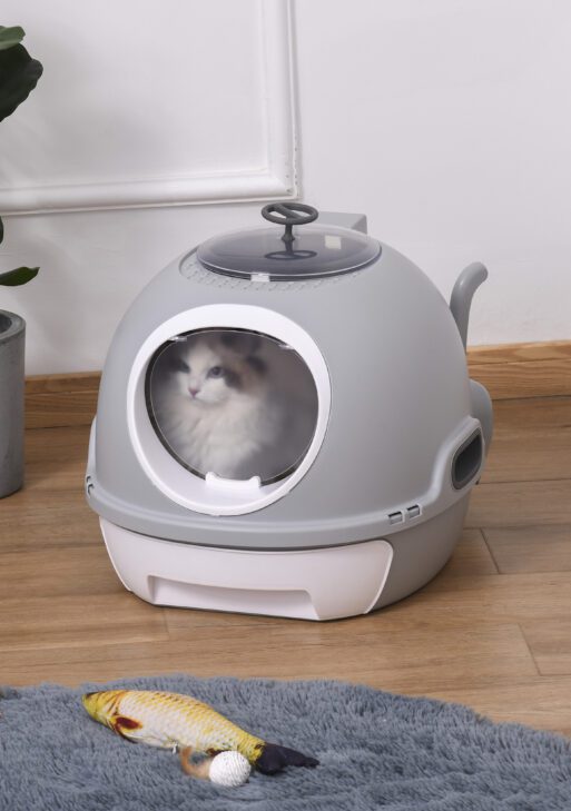 Cat Litter Box Toilet with Lid, Covered Litter Box with Scoop, Enclosed Drawer, and Skylight, Gray