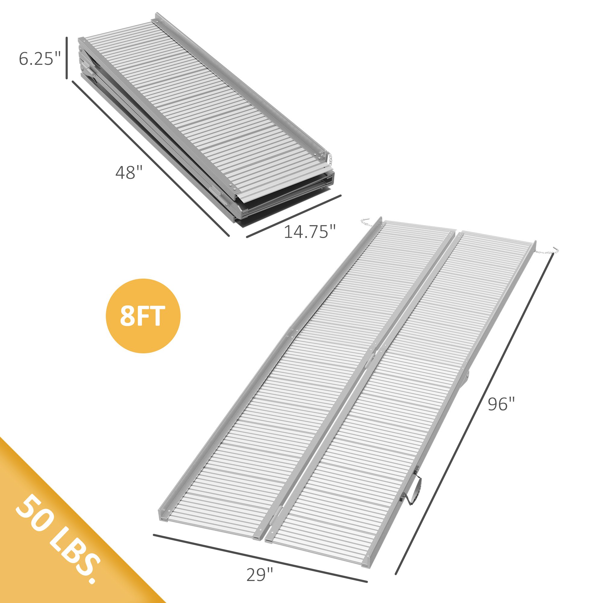 8' Foldable Handicap Ramp for Home, Steps, Doorways, Aluminum Portable Wheelchair Ramp, Textured Threshold Ramp, Silver - Image 1