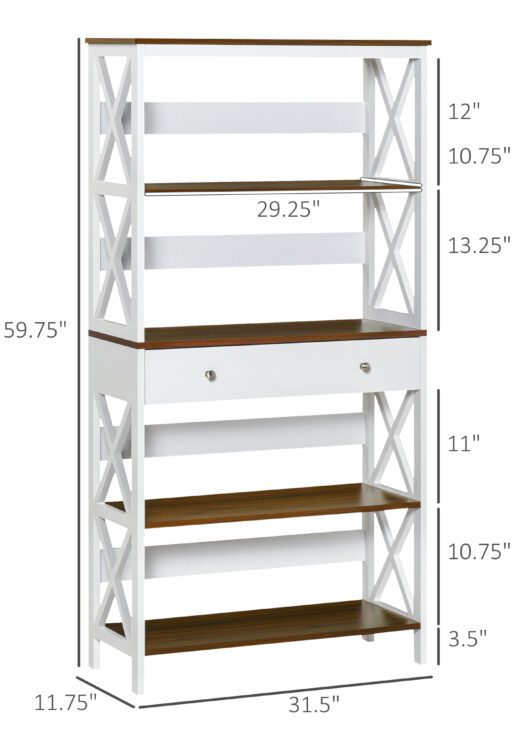 4-Tier Shelving Bookcase Storage Cupboard with Pull Out Drawer, and Wooden Frame with X Bar Stability, White