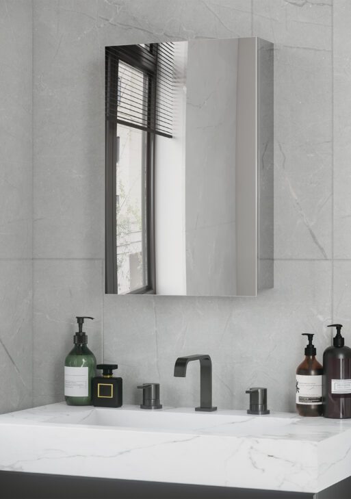 Wall Mounted Bathroom Medicine Cabinet Mirrored Cabinet with Hinged Door 3-Tier Storage Shelves Silver