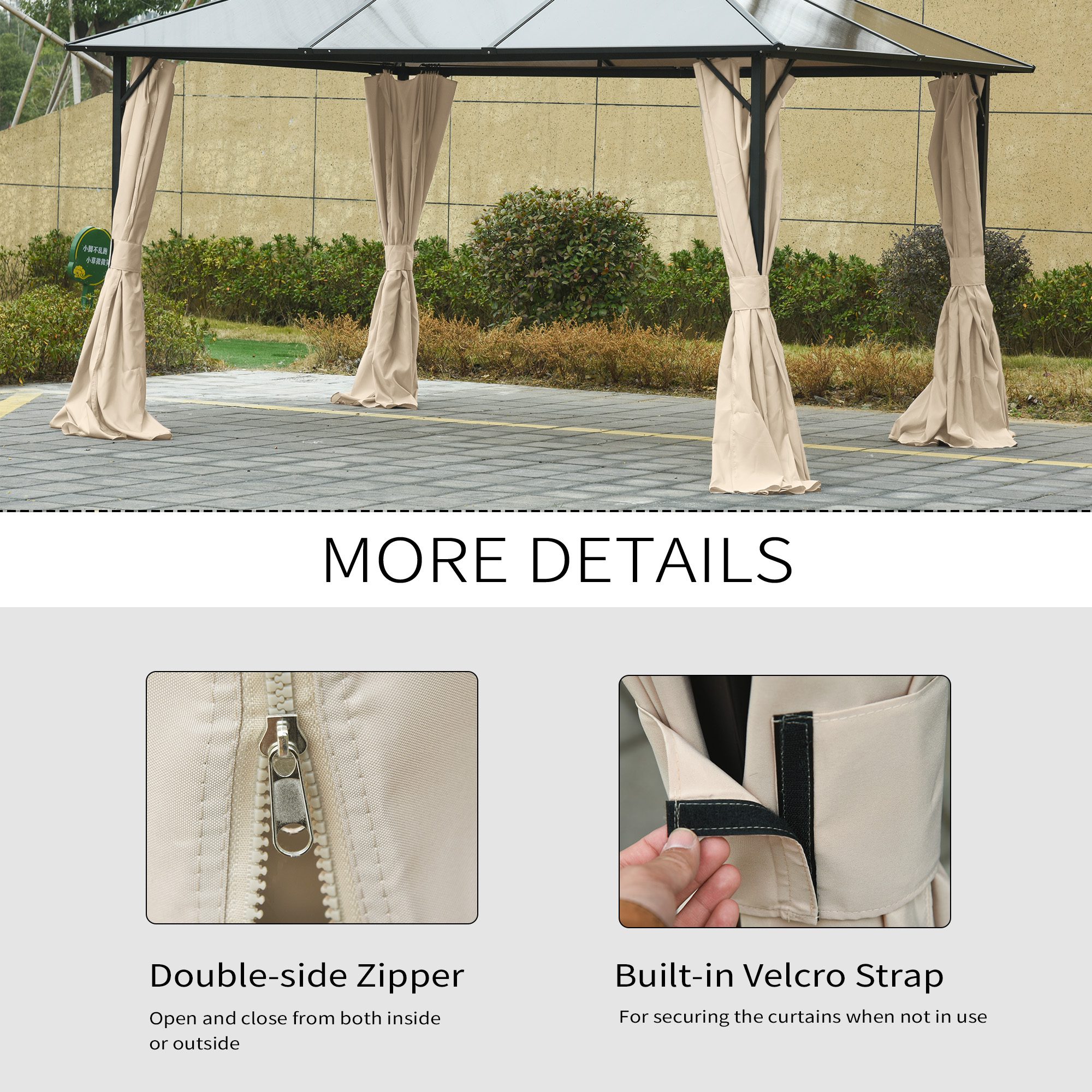 9.84' x 13.1' Gazebo Sidewall Set with Hooks/C-Rings, Beige - Image 3