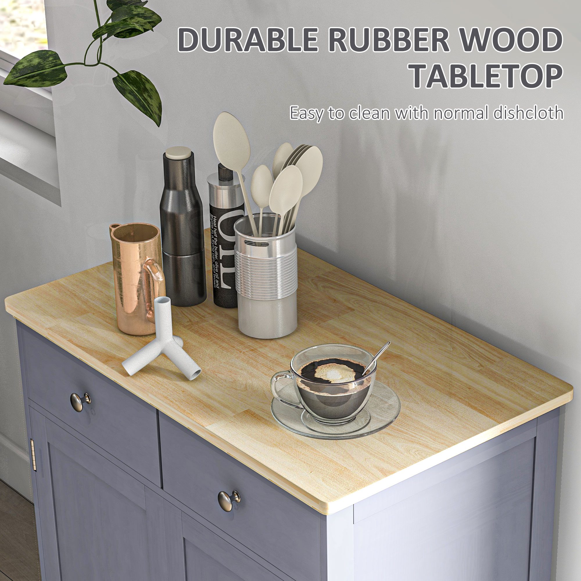 Kitchen Storage Cabinet, Sideboard Floor Cupboard with Solid Wood Top, Adjustable Shelf, and 2 Drawers, Gray - Image 3