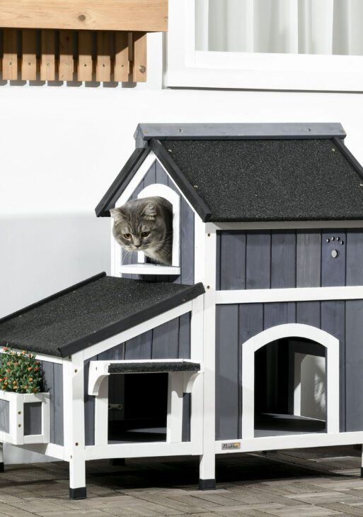 Outdoor Cat House with Weather-resistant Roof & Garden Bed, Outdoor Cat Shelter Enclosure with Multiple Entrances, Modern Cat Furniture Hideout, Cat Gifts, Gray
