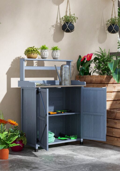 Outdoor Wooden Potting Bench with Storage Cabinet, Shelves, Galvanized Plated Tabletop for Backyard, Balcony, Gray