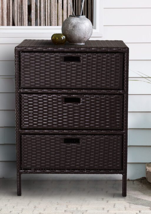 Patio PE Rattan Storage Cabinet, Wicker Pool Cabinet Organizer, Outdoor Towel Rack for Pool with 3 Drawers, Brown