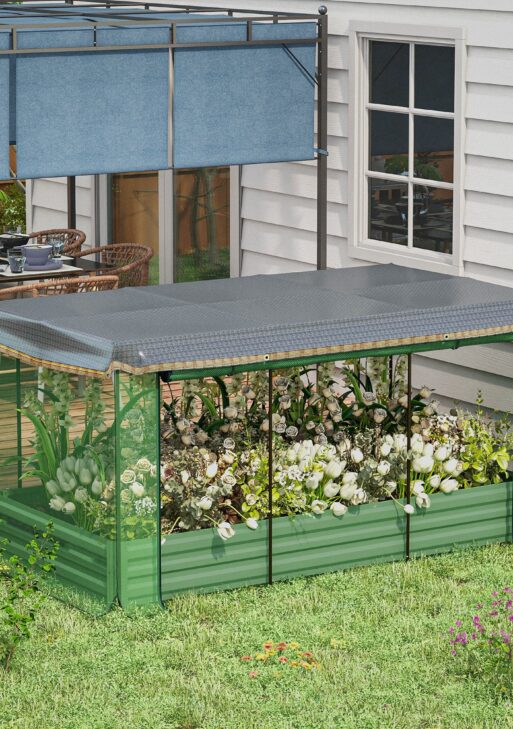 Galvanized Steel Planter Box with Crop Cage and Shade Cloth, Raised Garden Bed for Flowers, Veggies and Herbs, Green