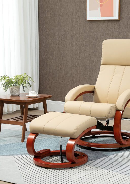 Recliner Chair with Ottoman, Electric Faux Leather Recliner with 10 Vibration Points and 5 Massage Mode, Reclining Chair with Remote Control, Swivel Wood Base and Side Pocket, Beige